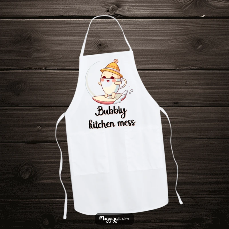 Funny Apron with a bewildered teacup in a hat surfing a giant bubble, ideal for the whimsical home cook.