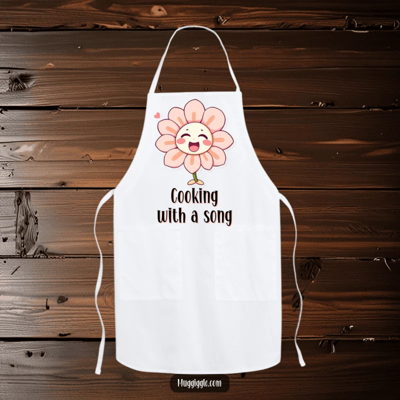 Funny apron featuring a singing flower character with laughter-shaped petals, perfect for kitchen tasks with a touch of floral cheer.