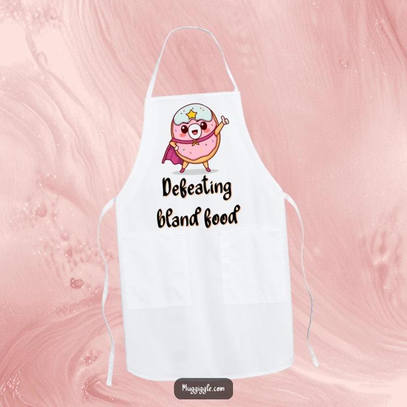 Funny donut hero apron, cape tied around neck, striking a heroic pose while cooking.