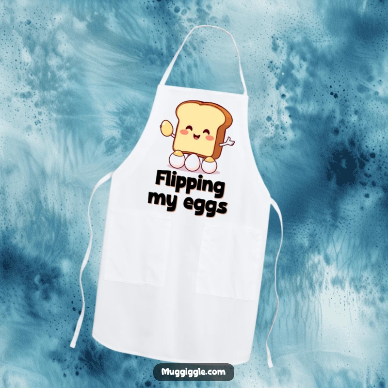 Funny apron depicting a toast character juggling eggs, perfect for kitchen protection with a humorous and breakfast-centric design.
