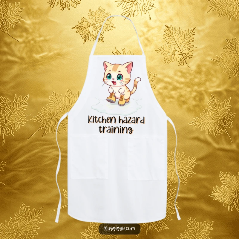 Funny Apron: A surprised cat wearing tiny boots slides on spilled milk, a humorous kitchen accessory.