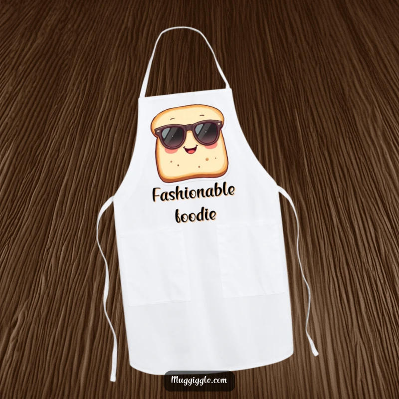 Funny Apron: Smiling bread slice with oversized sunglasses, a humorous kitchen accessory.