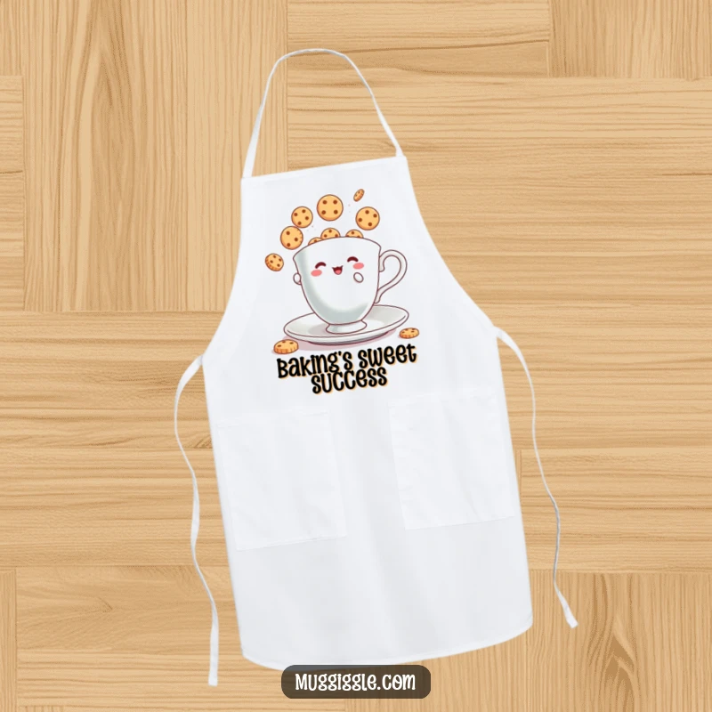 Funny Apron: Tiny teacup character juggling bouncing cookies, a humorous kitchen accessory.