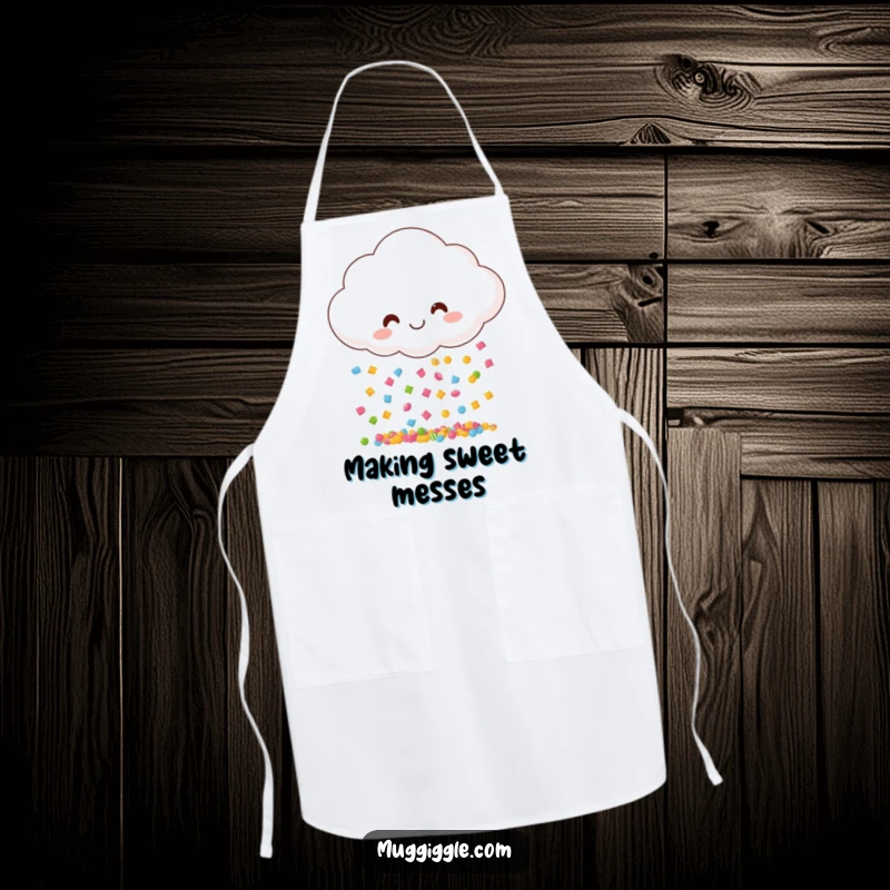 Funny apron with a smiling cloud raining candy pieces, perfect for baking and kitchen fun with a sweet theme.