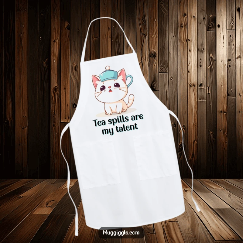 Funny apron with a surprised cat character wearing a teacup as a hat, bringing humor to kitchen activities.