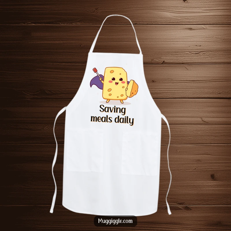 Funny Apron: A brave piece of cheese wearing a cape valiantly fights a tiny crumb with a toothpick in the kitchen.