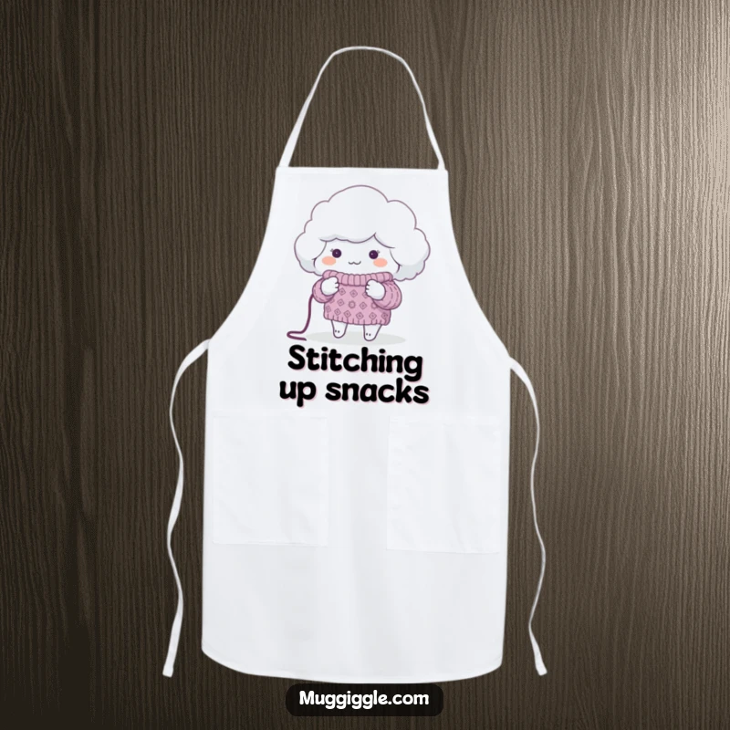 Funny Apron featuring a fluffy cloud knitting a sweater for a tiny planet, perfect for the eco-conscious chef, adding humor.