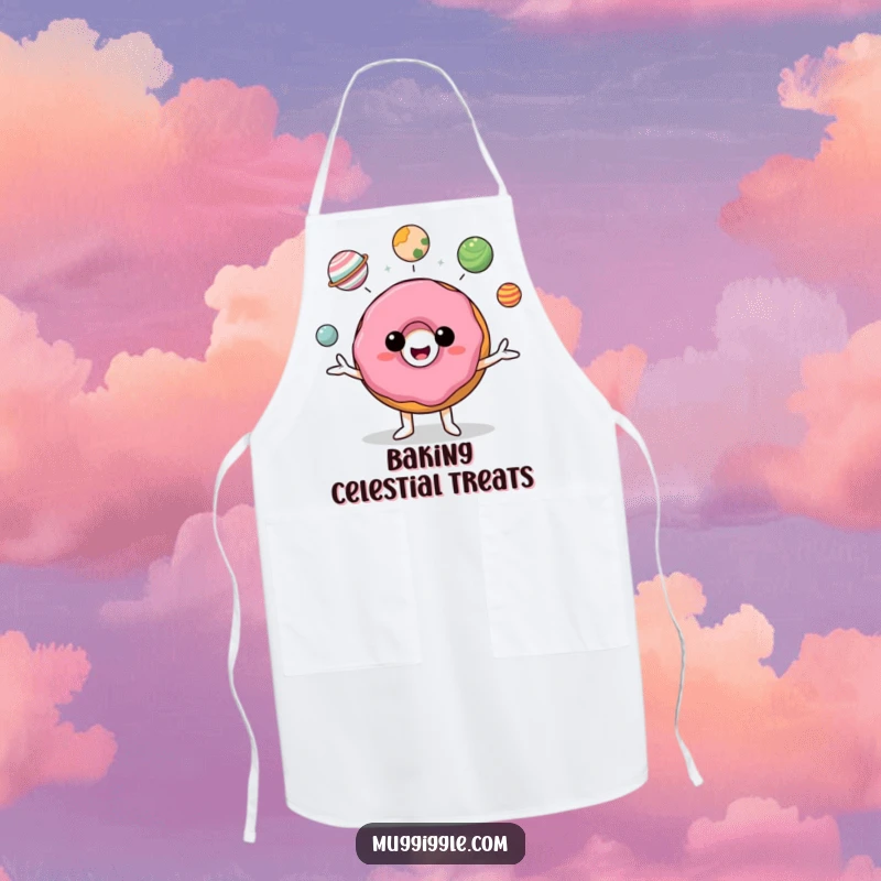 Funny donut character juggling miniature planets while cooking on a kitchen apron.