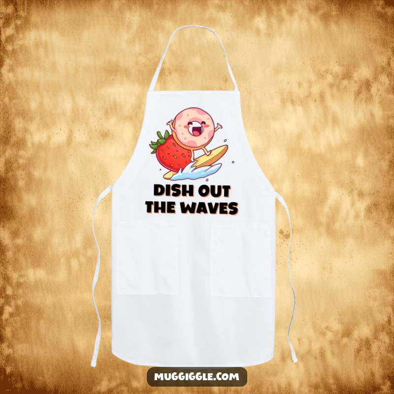 Funny Apron: An excited donut character surfing on a giant strawberry slice, ideal for bakers who love fun designs.