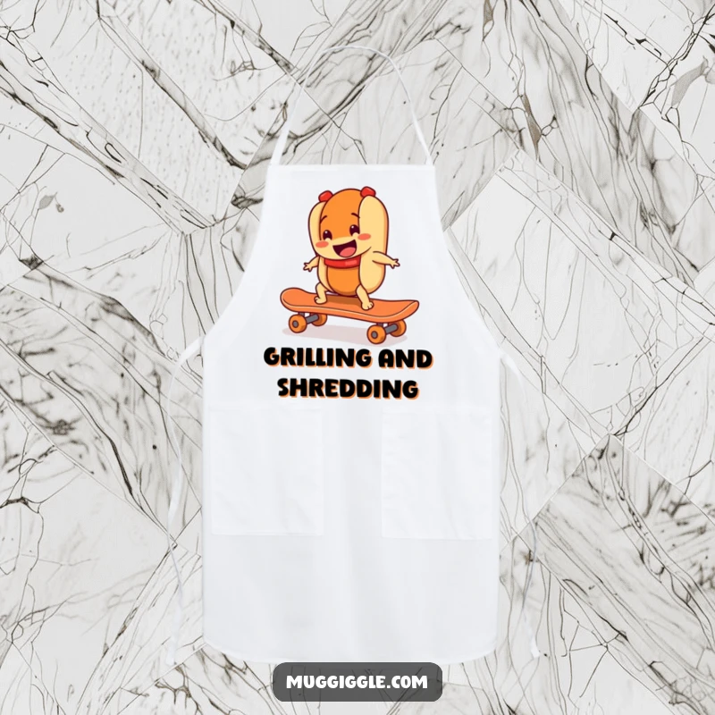 Funny apron with a smiling hot dog character riding a runaway skateboard, designed for kitchen use with energetic, food-themed humor.