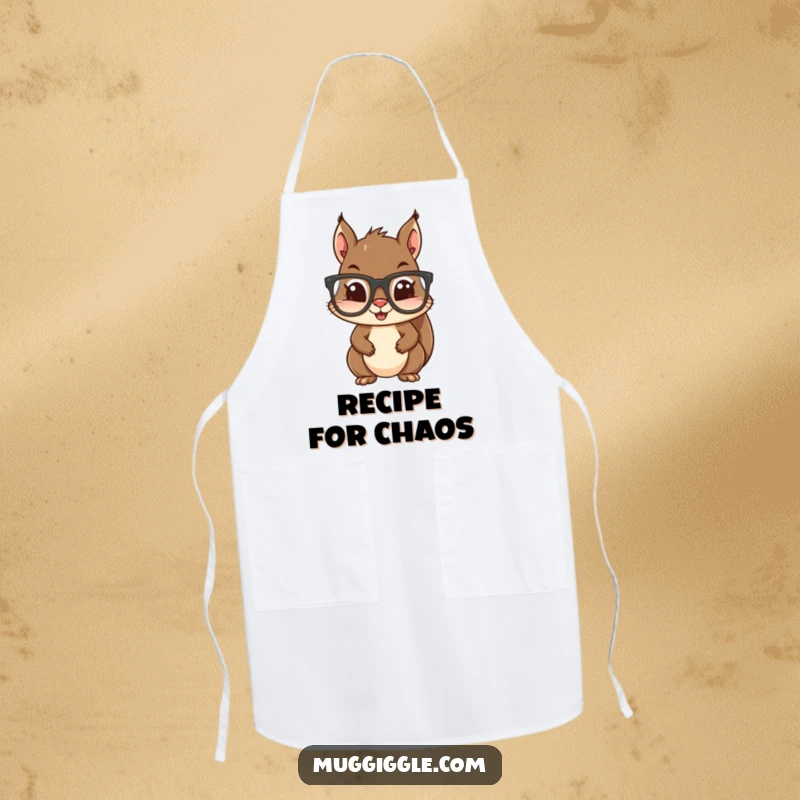 Funny apron showcasing a squirrel attempting to wear excessively large glasses, perfect for cooking with a touch of woodland fun.