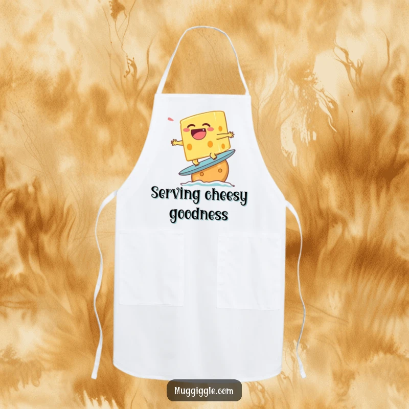 Funny apron depicting a laughing cheese character attempting to surf on a cracker, bringing humor to cooking.