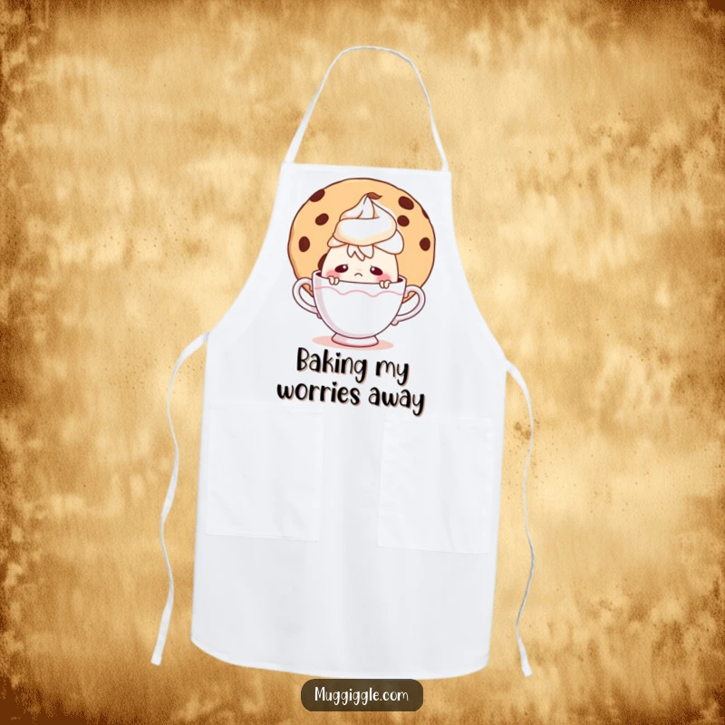 Funny apron depicting a timid teacup character peeking from behind a large cookie, ideal for a baker's humorous touch.
