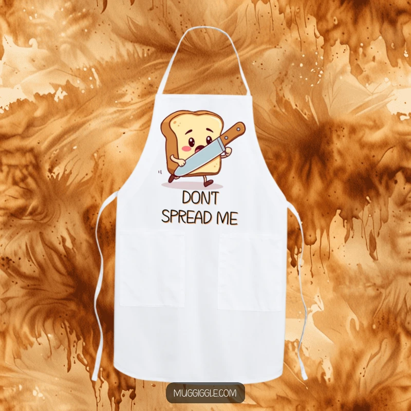 Funny apron showing a startled toast character being chased by a large, playful butter knife, perfect for kitchen use.