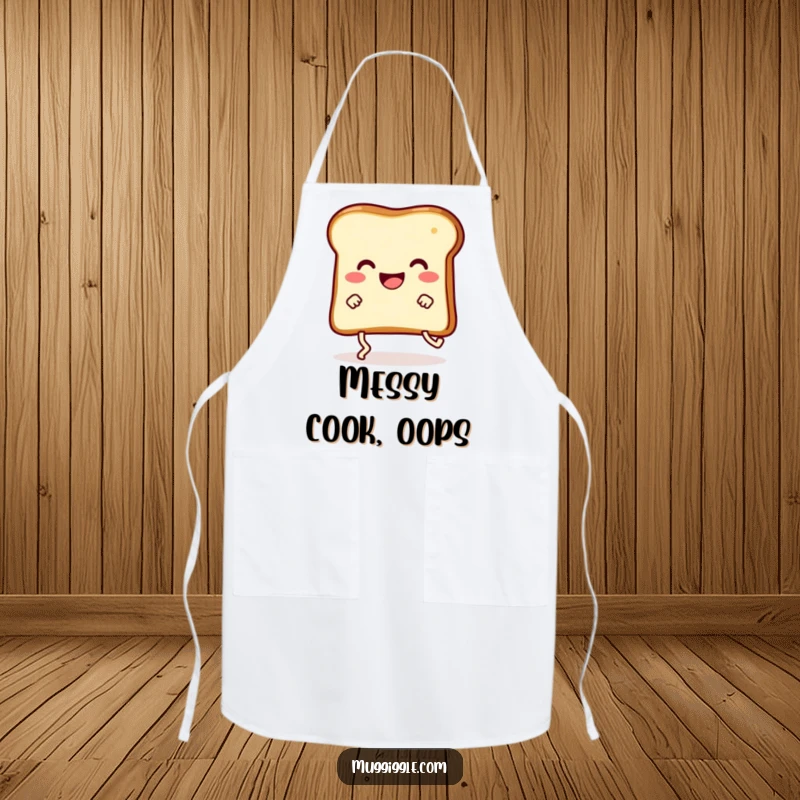 Funny happy slice of toast with legs hilariously tripping, worn as a funny apron while cooking.