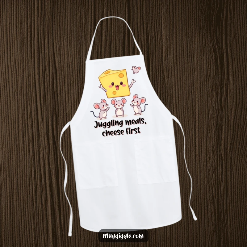 Funny apron with a cheese character juggling tiny mice, designed for kitchen fun and humorous cooking sessions with a surprising twist.