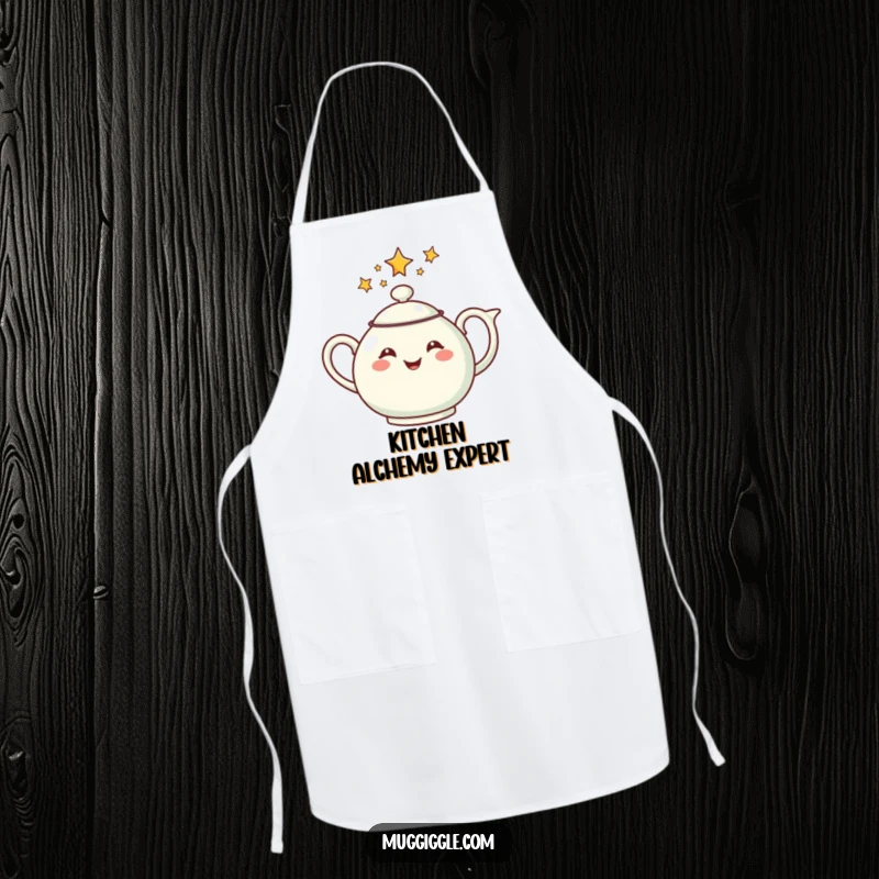 Funny apron with a cheerful teapot pouring stars, perfect for kitchen use by tea lovers and those who enjoy a touch of magic.