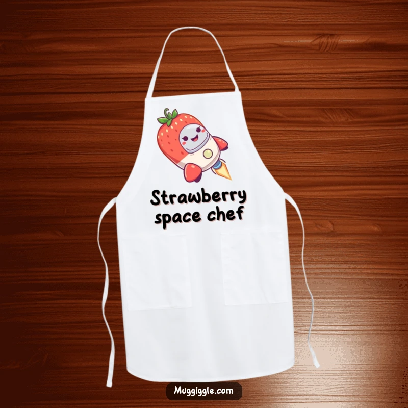Funny Apron with a smiling strawberry piloting a wobbly rocket ship, perfect for the humorous kitchen astronaut.