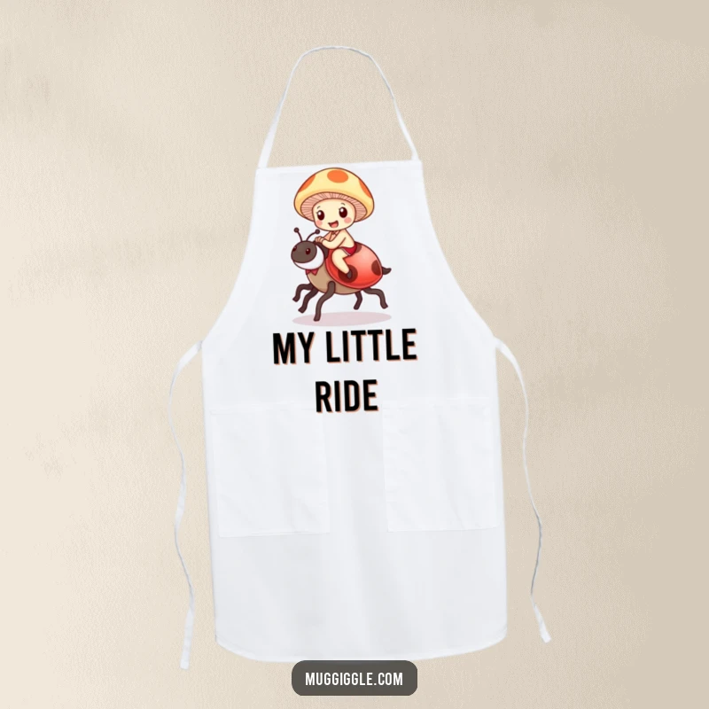 Funny Mushroom Ladybug Apron: A delighted mushroom character joyfully riding a ladybug as a steed, humorous kitchen attire.