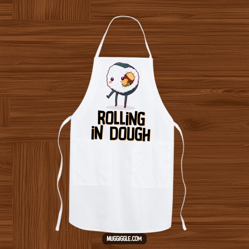Funny sushi roll apron, legs mid-cartwheel while cooking, a humorous and practical kitchen accessory for a funny gift.