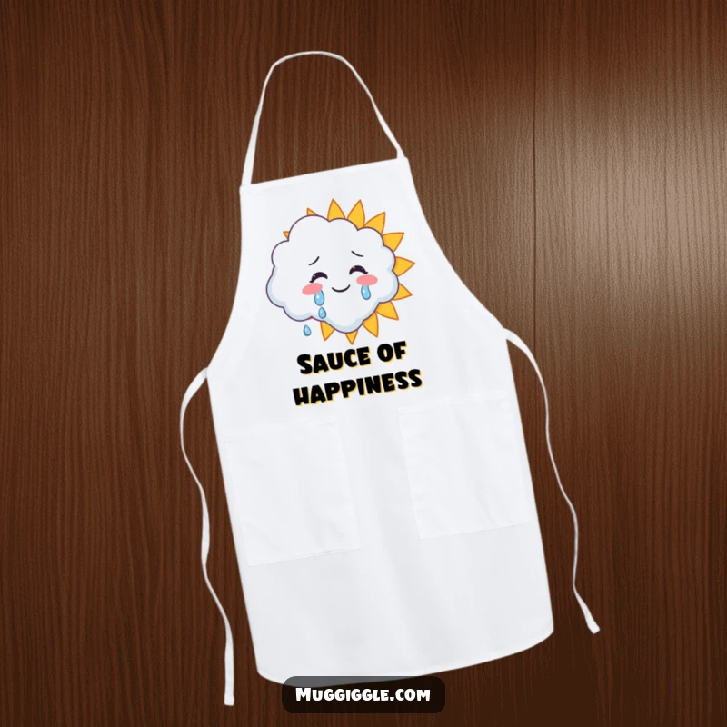 Funny apron showing a cloud character crying happy tears onto a smiling sun, perfect for a joyful cooking experience.