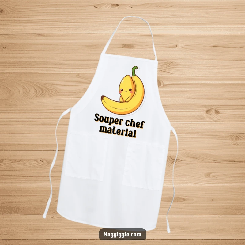 Funny apron depicting a curious banana character peeking out from an empty banana peel, ideal for kitchen activities and fruity fun.