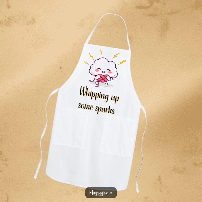 Funny apron showing a happy cloud character knitting with vibrant lightning bolts, perfect for a humorous and practical kitchen accessory.