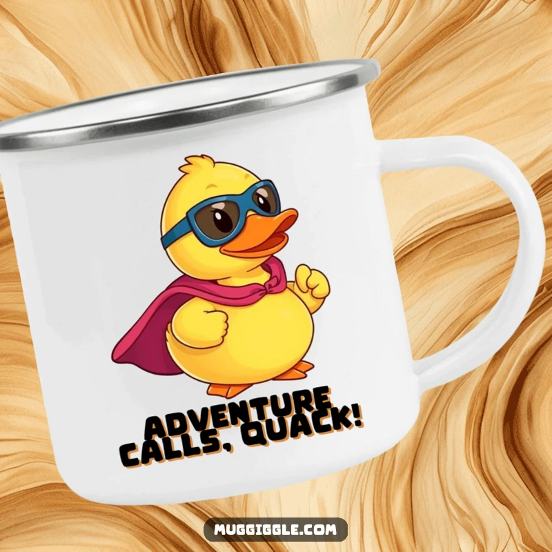 Funny camping mug with a rubber ducky superhero character in a cape, striking a heroic pose, perfect for outdoor use.