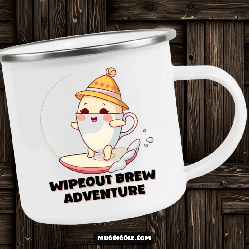 Funny Camping Mug with a bewildered teacup wearing a hat, humorously surfing a giant bubble.