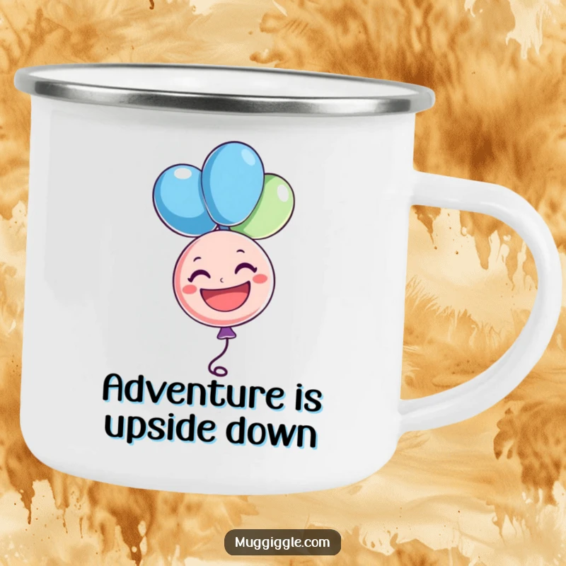 Funny camping mug featuring a cheerful balloon character upside down with a big grin, perfect for outdoor drinks with a dose of joy, a funny gift.