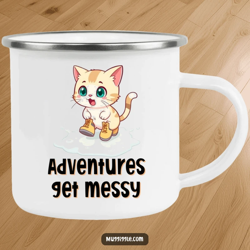 Funny Camping Mug: Surprised cat in tiny boots slides on spilled milk, humorous outdoor cup.