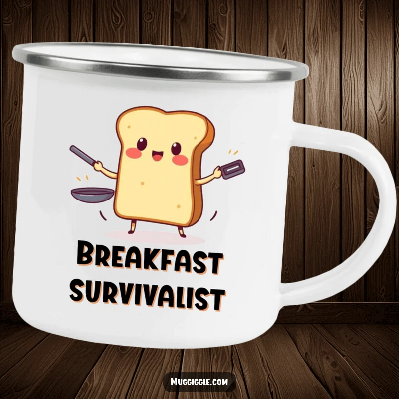 Funny camping mug showcasing a brave piece of toast juggling three frying pans, perfect for outdoor enthusiasts.