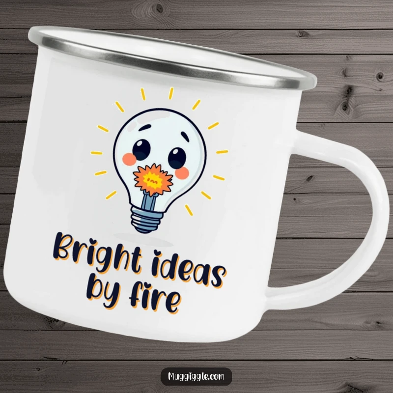 Funny Camping Mug: A surprised lightbulb character emitting a tiny, colorful explosion, perfect for enjoying drinks outdoors.