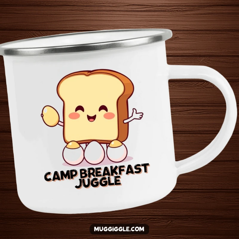 Funny camping mug featuring a toast character juggling eggs, perfect for hot drinks during outdoor adventures with a humorous twist.