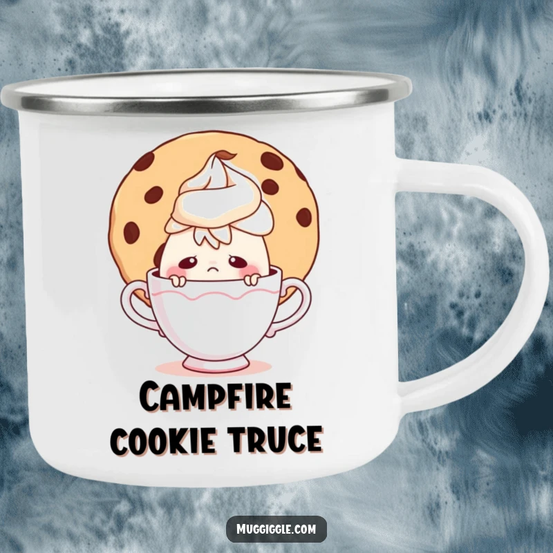 Funny camping mug with a nervous teacup character peeking from behind a large cookie, perfect for sweet, hot beverages outdoors.
