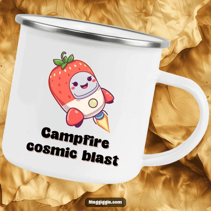 Funny Camping Mug with a smiling strawberry piloting a wobbly rocket ship, perfect for humorous cosmic journeys.