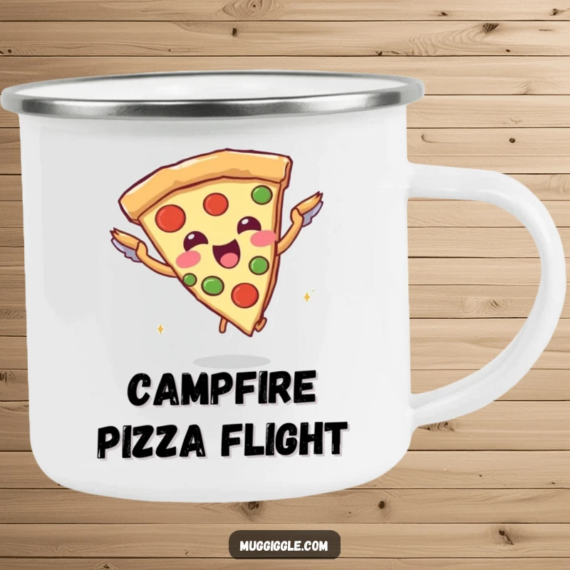 Funny camping mug with a joyful pizza slice character attempting flight with breadstick wings, perfect for outdoor enjoyment for foodies.