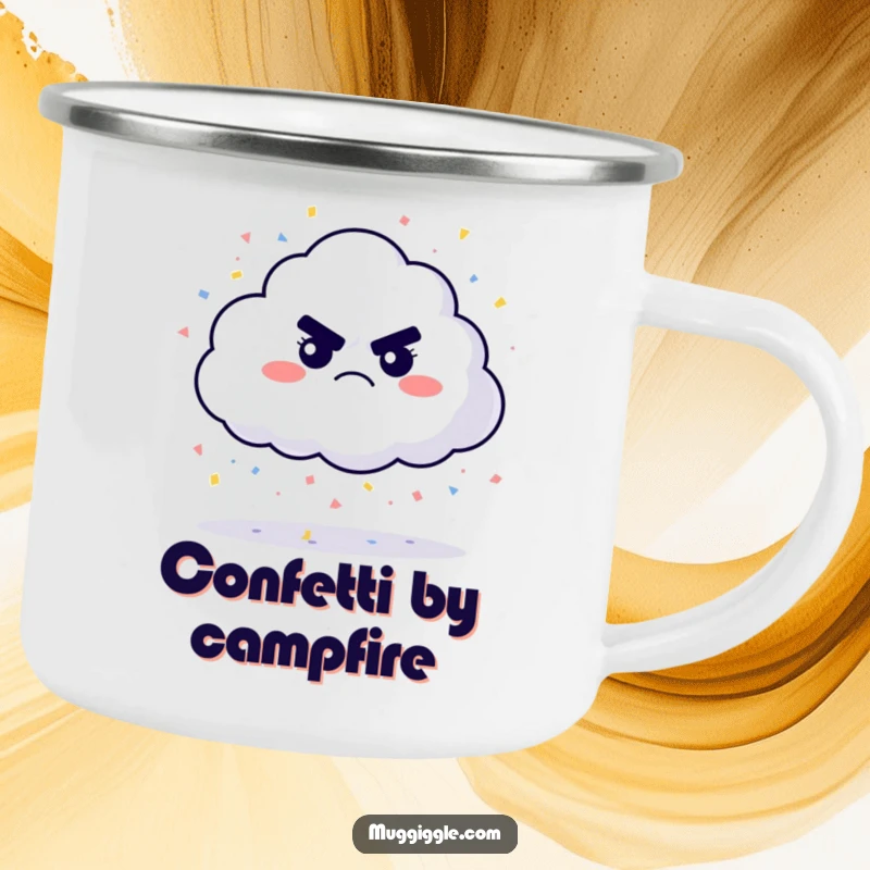 Funny grumpy cloud camping mug, raining confetti, humorous and durable for outdoor adventures, a great funny gift.