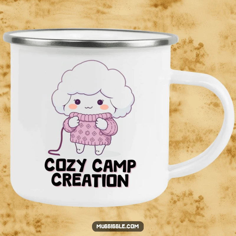 Funny Camping Mug featuring a fluffy cloud knitting a sweater for a tiny planet, perfect for enjoying drinks outdoors with eco-humor.