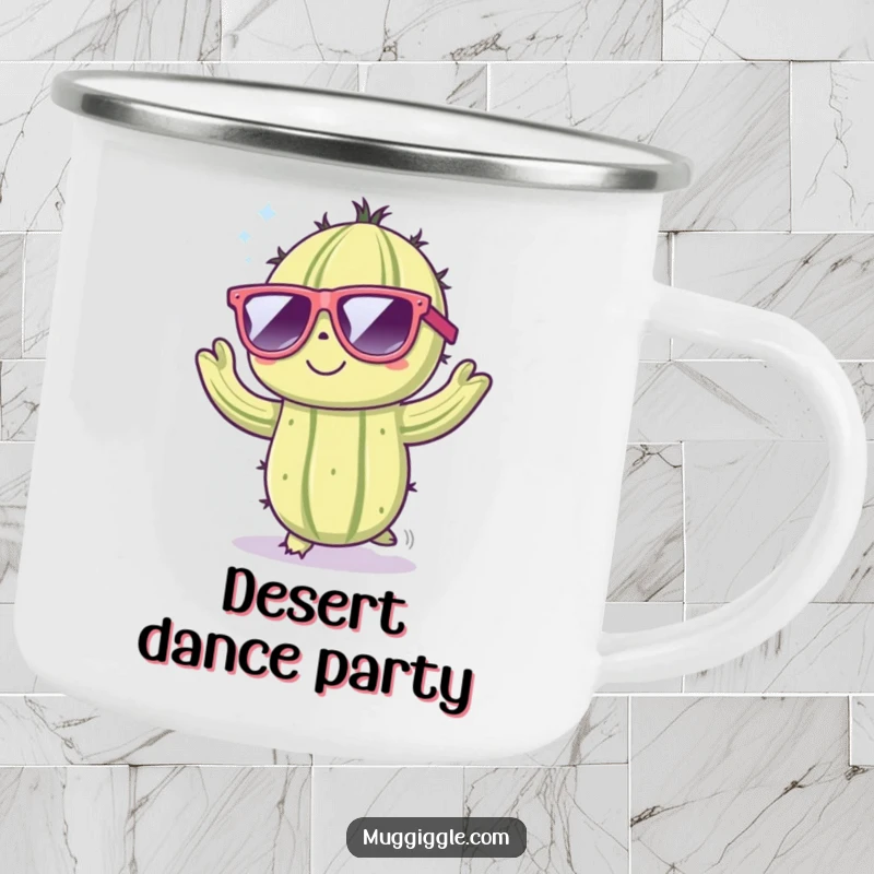 Funny camping mug featuring a cute cactus character in large sunglasses, dancing energetically, durable for outdoor use.