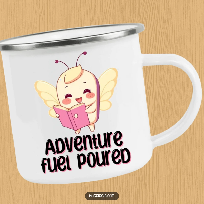 Funny camping mug showing a happy book character comically flying with tiny butterfly wings, perfect for outdoor adventures and whimsical moments.