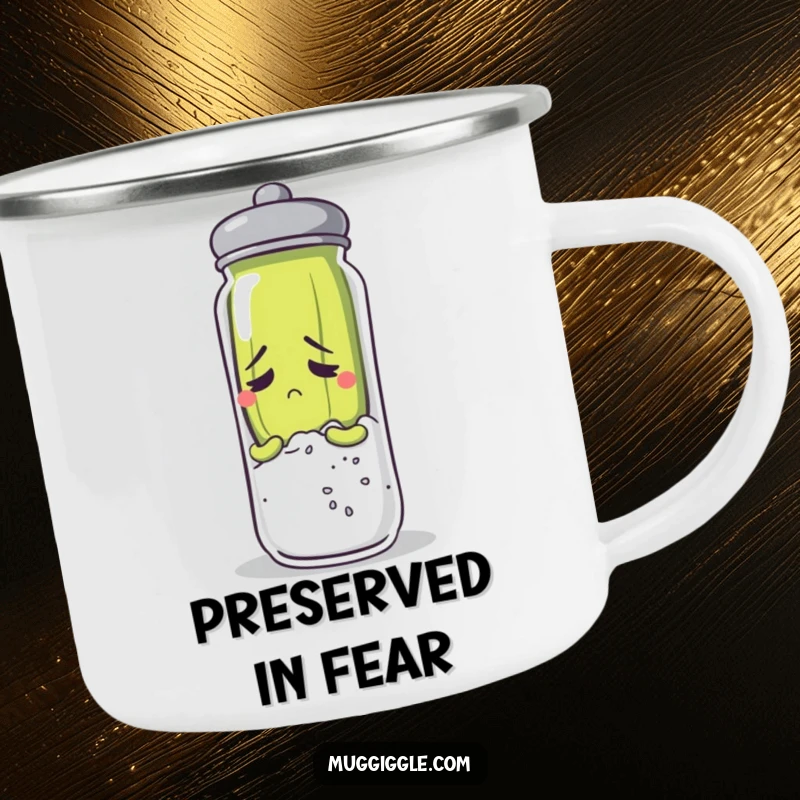 Funny anxious pickle character hiding behind a salt shaker on a rugged camping mug.