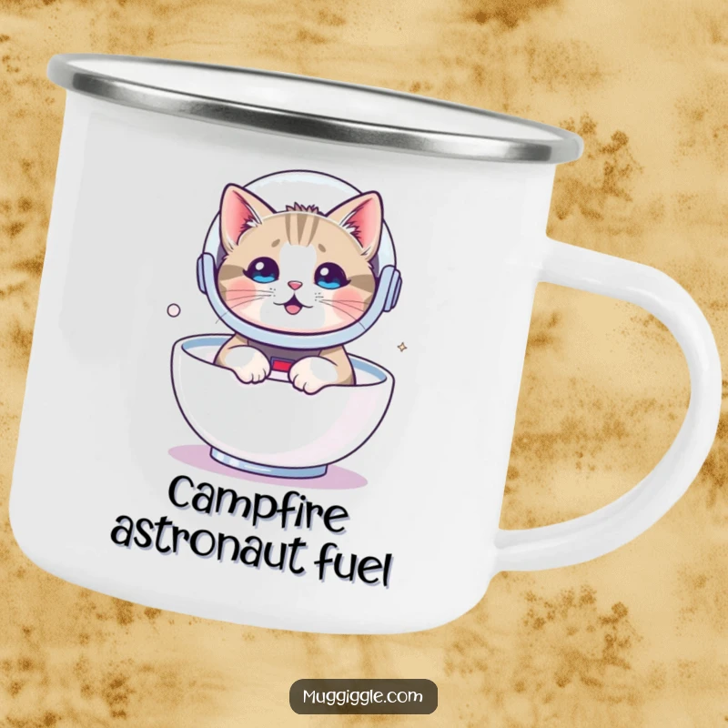 Funny camping mug featuring a cat in an astronaut helmet floating in milk, perfect for outdoor exploration and hot beverages.