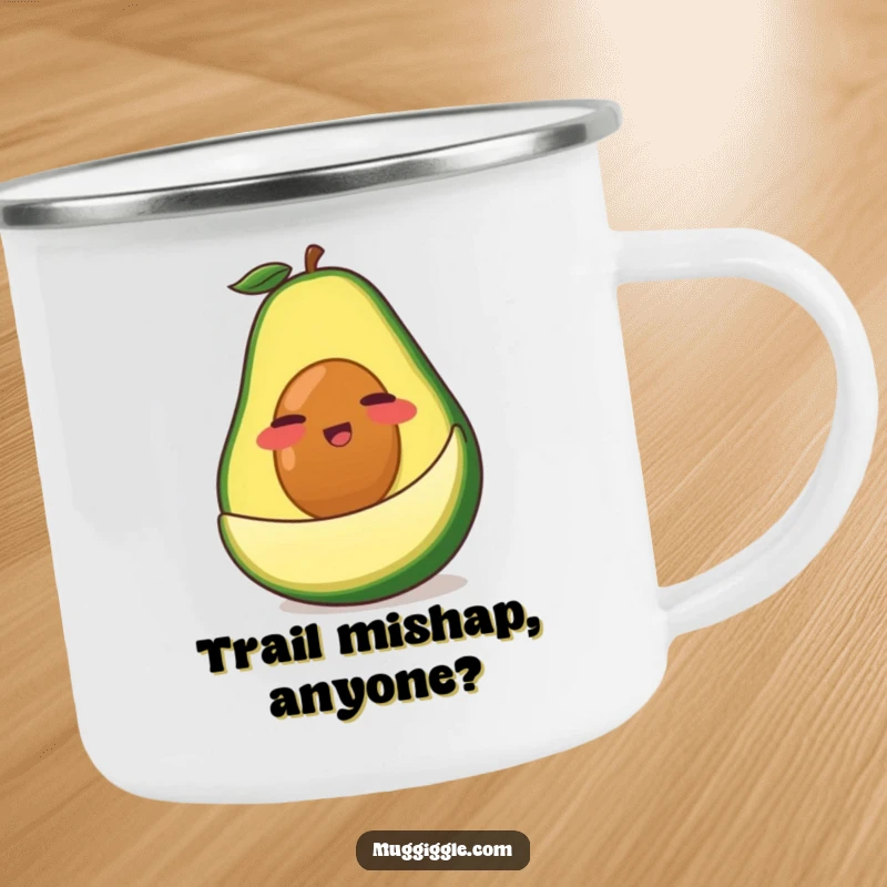 Funny Avocado Camping Mug: A clumsy green avocado character comically slipping on its own peel, a durable and humorous outdoor cup.