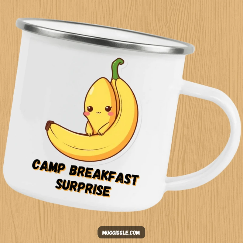 Funny camping mug with a curious banana character peeking out from an empty banana peel, perfect for outdoor enjoyment for fruit fans.