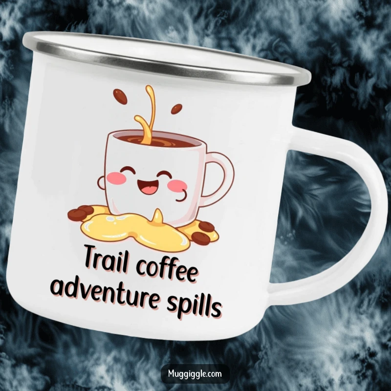 Funny camping mug featuring a giggling coffee mug character comically spilling its contents decoratively, great for outdoor humor.