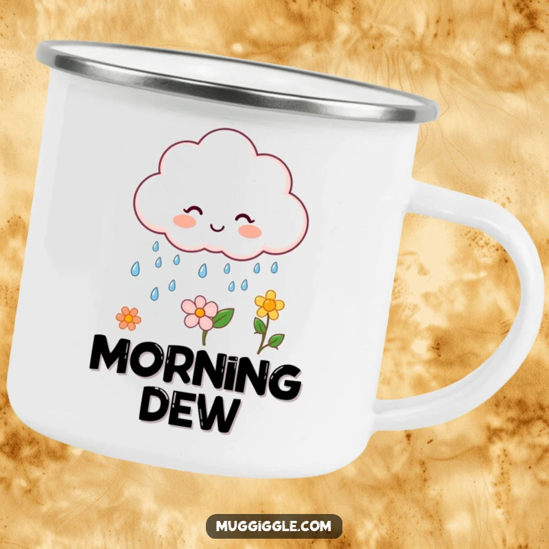 Funny cloud character camping mug, raining happy drops on a flower, perfect for outdoor use.