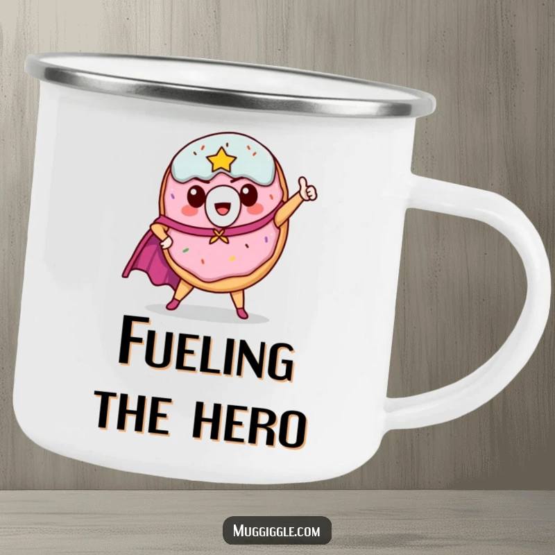 Funny donut hero camping mug, outdoorsy background, cape flowing, ready for adventure.