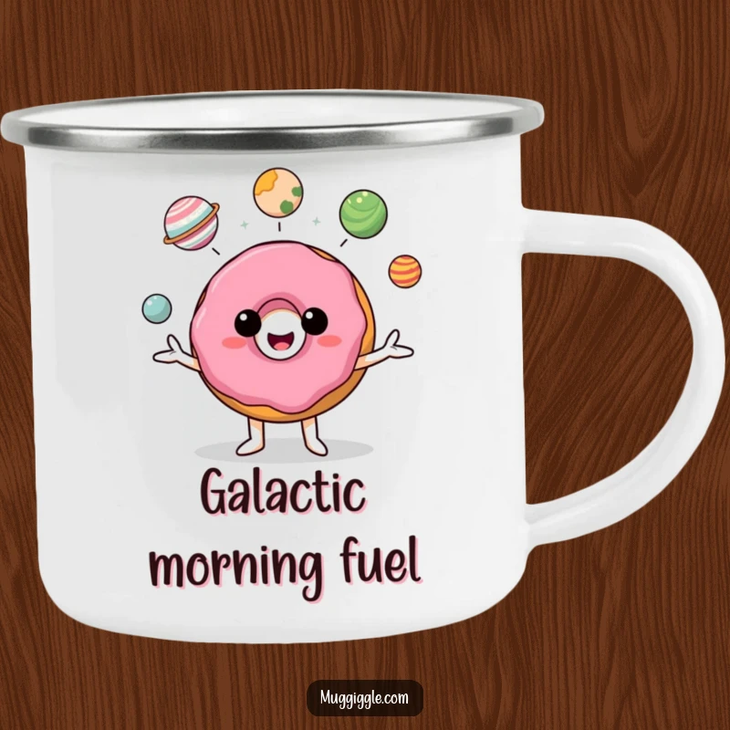 Funny donut character juggling small planets on a rugged camping mug, ready for the outdoors.