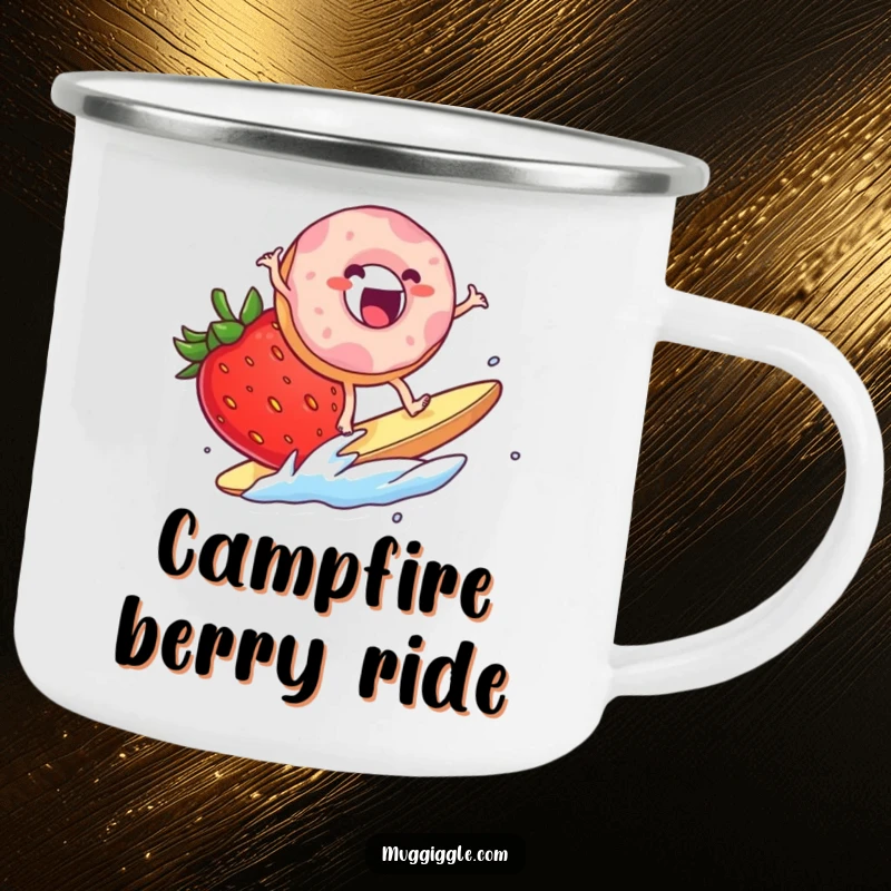Funny Camping Mug: An excited donut character surfing on a giant strawberry slice, perfect for outdoor foodies and humor lovers.